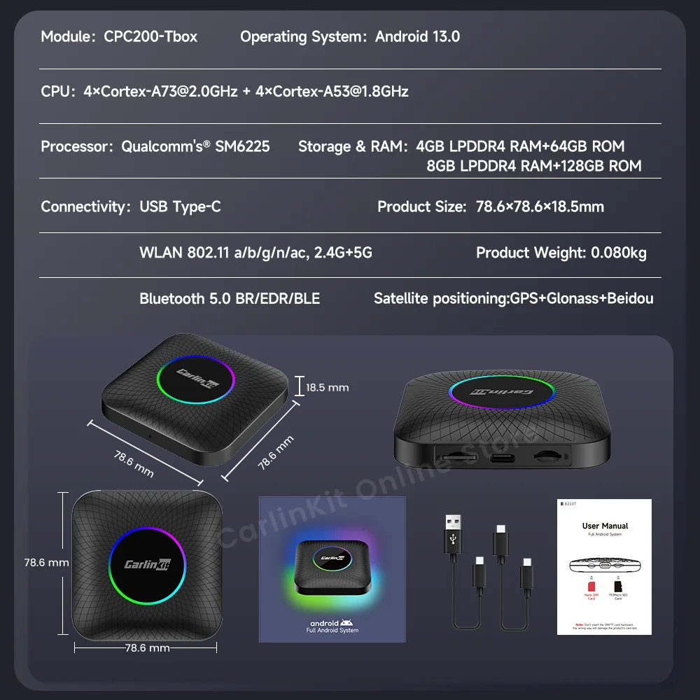Carlinkit Android 13 Tv Box LED 8+128GB CarPlay Wireless Android