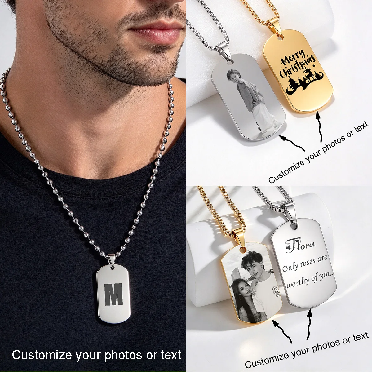 Personalized Custom Photo Pendant Necklace for Men Women, Punk High Quality Hypoallergenic Stainless Steel Engraved Jewelry Gift