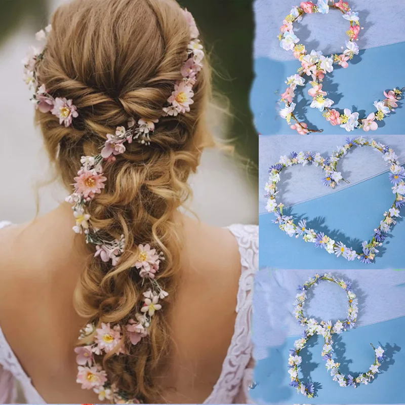 Colorful Sen Department Hand Woven Long strip Flower Headband Fashion Girls Bridal Flowers Leaves Headbands with Adjustable