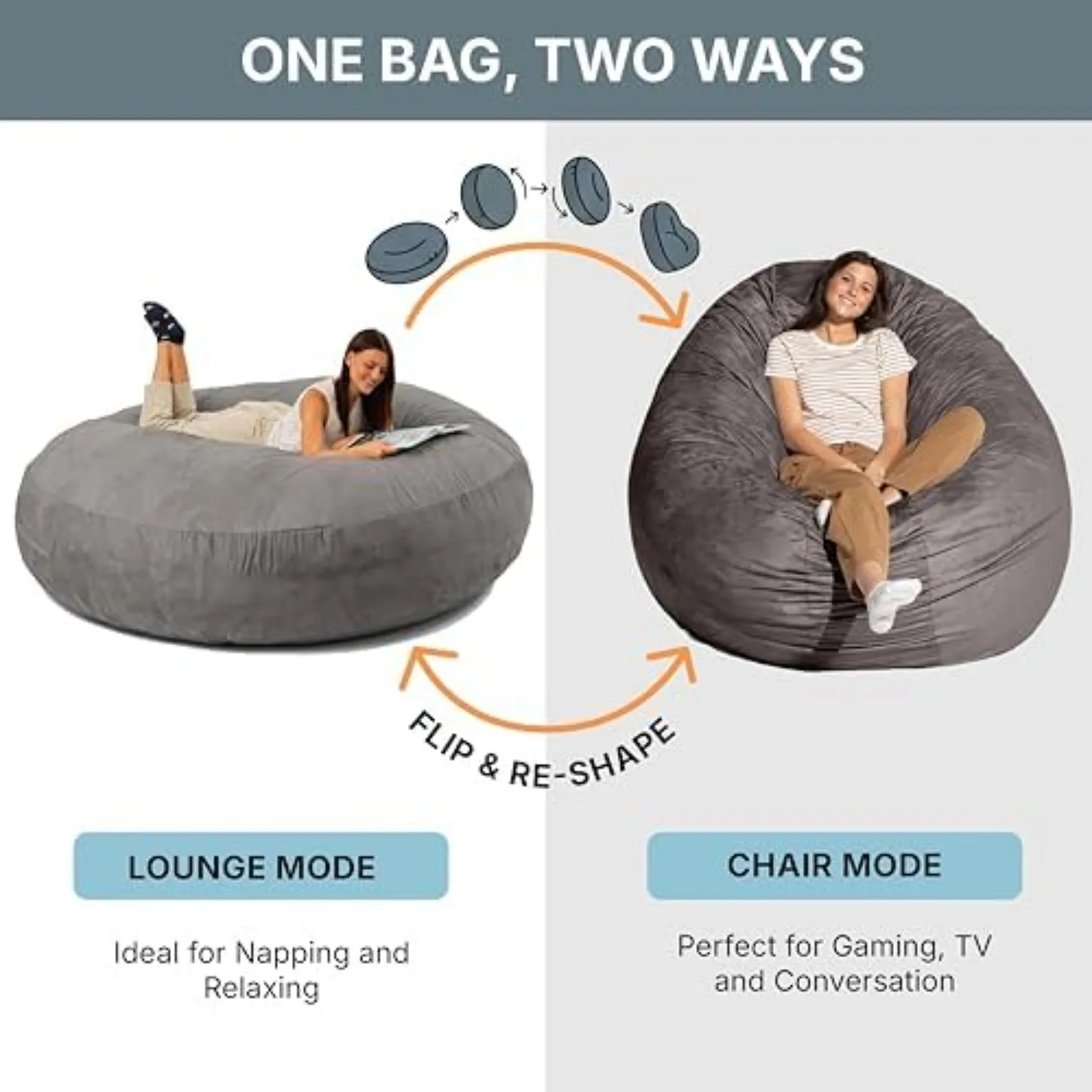 6 Foot Cocoon - 2-in-1 Convertible Bean Bag Bed & Large Bean Bag Chair for Adults, Charcoal