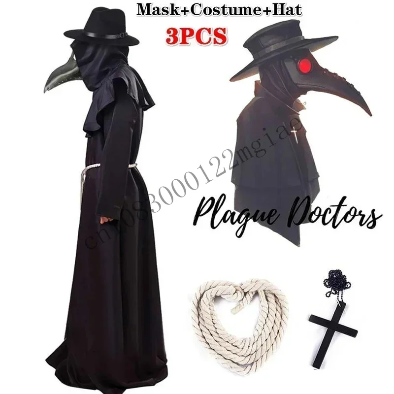 Cosplay Plague Doctor Kostuum Middeleeuwse Capuchon Gewaad Steampunk Terror Masker Hoed Volwassen Halloween Party Rollenspel Maat S-XL CMM221