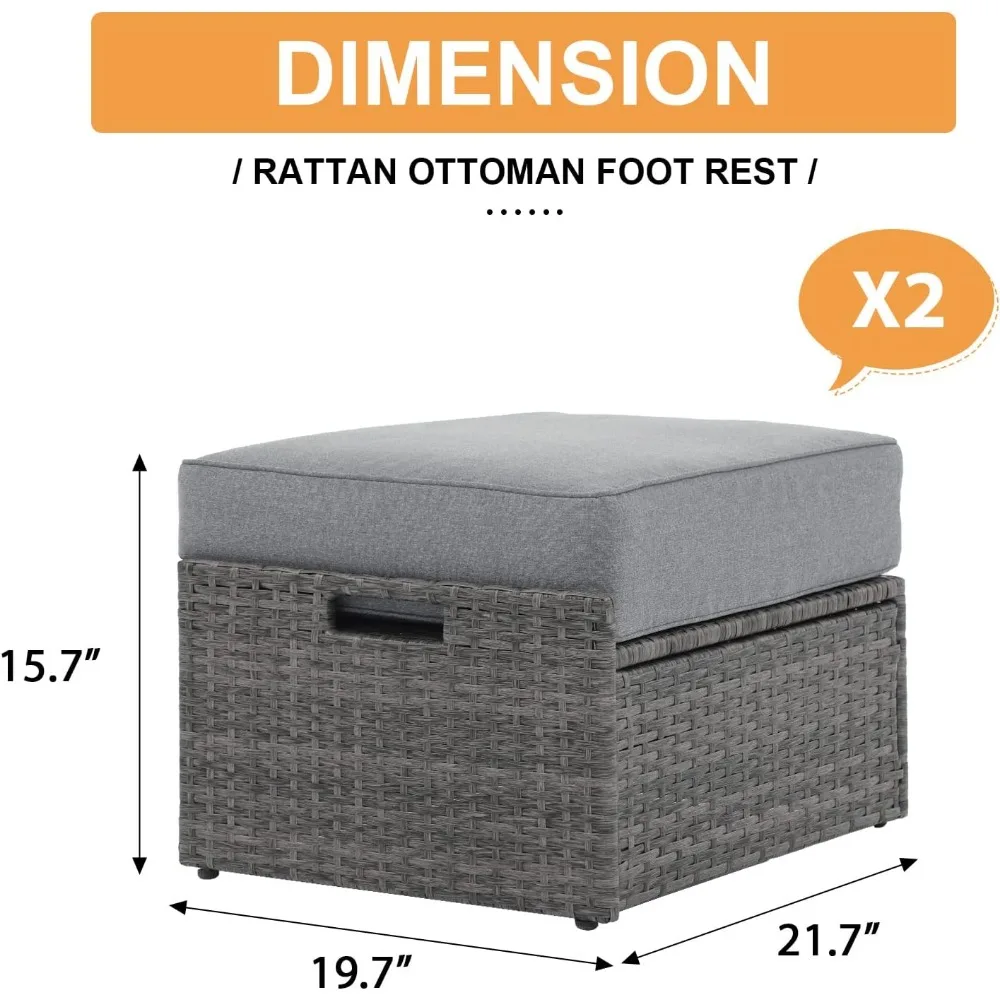 Súper otomano de mimbre para exteriores, Juego de 2 otomanos de ratán para todo tipo de clima, cojín grueso, reposapiés, taburete, asiento