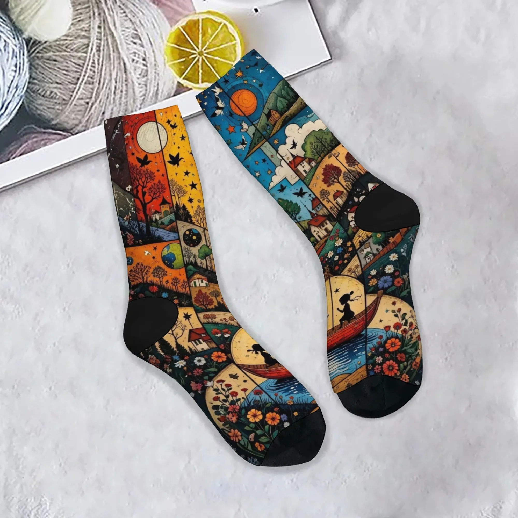 Fairy tale patchwork illustrations Funny Men's Socks Halloween Novelty Happy Socks Gift Retro Style Soft Warm Non-slip Socks