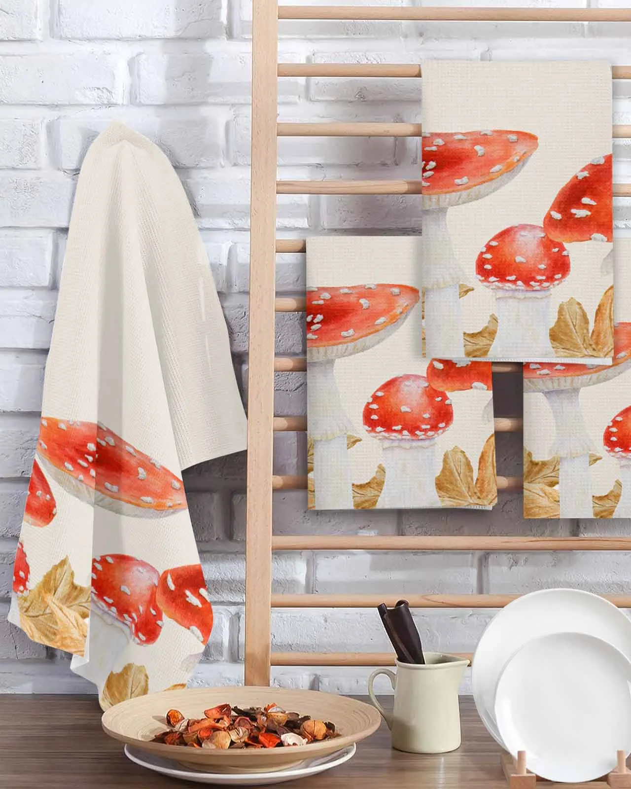 Vintage Mushrooms Ferns Leaves Autumn 30*30cm Waffle Microfiber Kitchen Towel Soft Cleaning Cloth Scouring Pad Wiping Rag