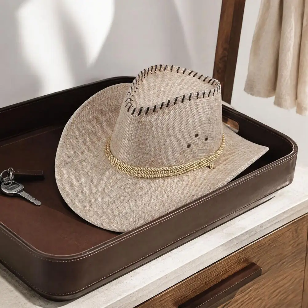 Western Cowboy Hat with Windbreak Rope for Men, Wide Brim Linen Sun Hat for Outdoor Travel, Breathable Fedora Hats for Party 4