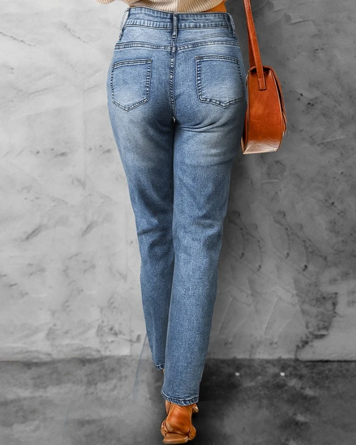 Women's Casual Pants 2024 Spring/summer Latest Commuter Fashion Pocket Design Ripped Cutout Skinny Daily High Waist Denim Jeans