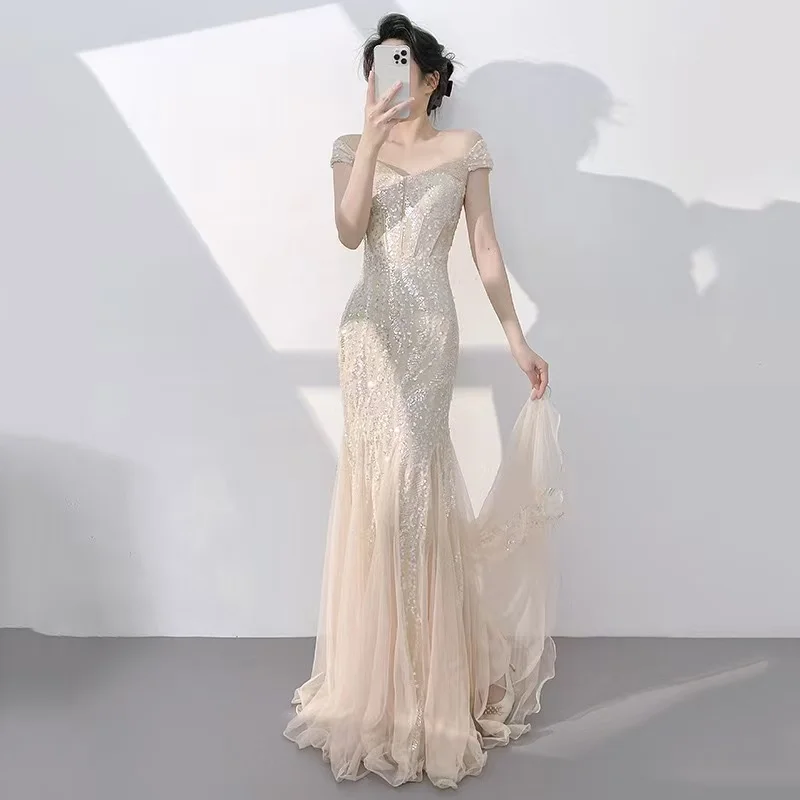 

Elegant Champagne Prom Dresses Sleeveless Off Shoulder Sequin Mesh Formal Occasion Party Cocktail Prom Mermaid Long Dresses New