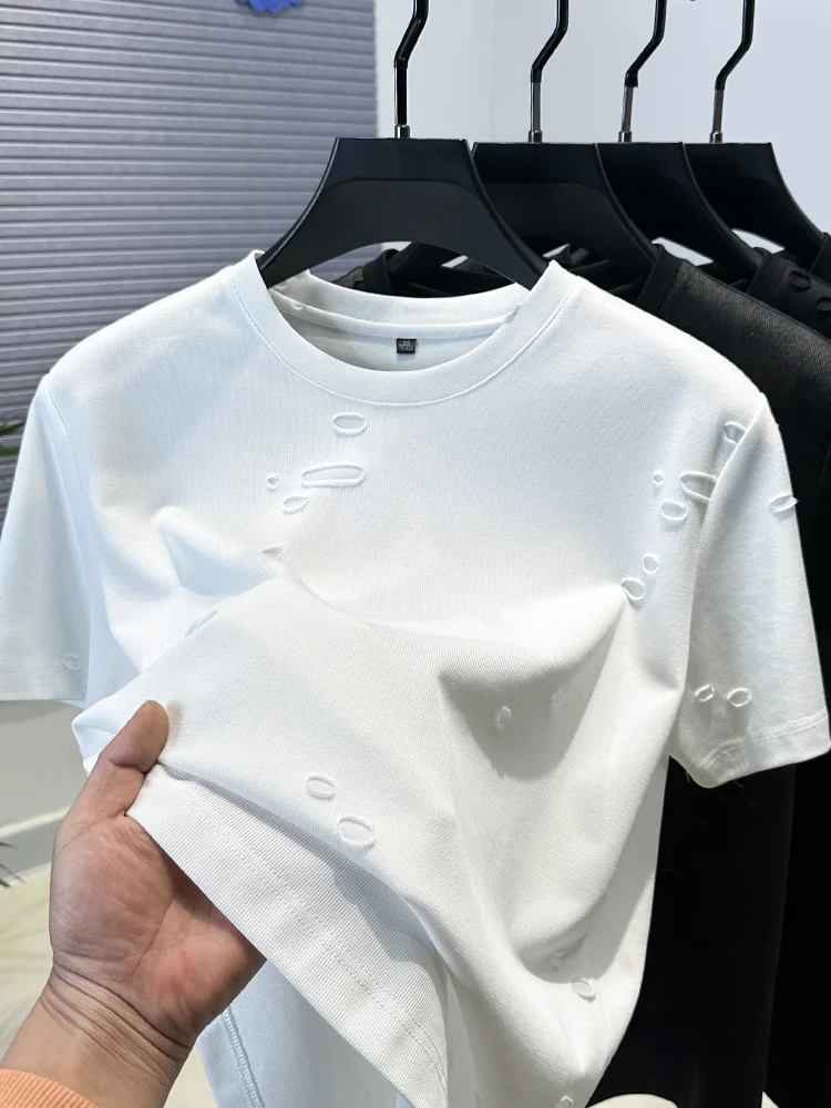 

Мужская футболка с короткими рукавами и сломанными дырками, новая модная брендовая свободная повседневная молодежная мужская рубашка с круглым вырезом, однотонная базовая рубашка, топ