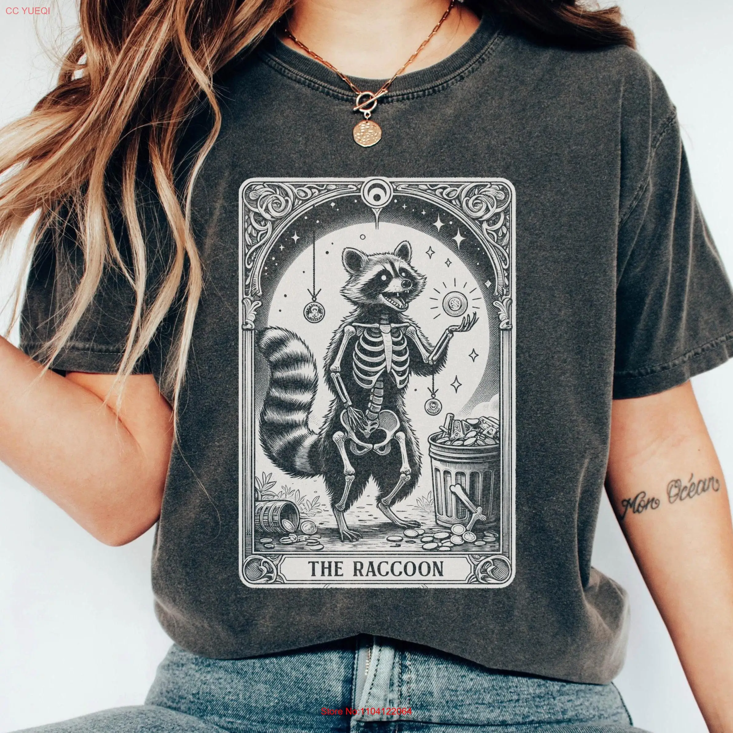 Funny Raccoon Halloween T Shirt Racoon Skeleton Unhinged Tarot Card Astrology Silly Animal long or short sleeves