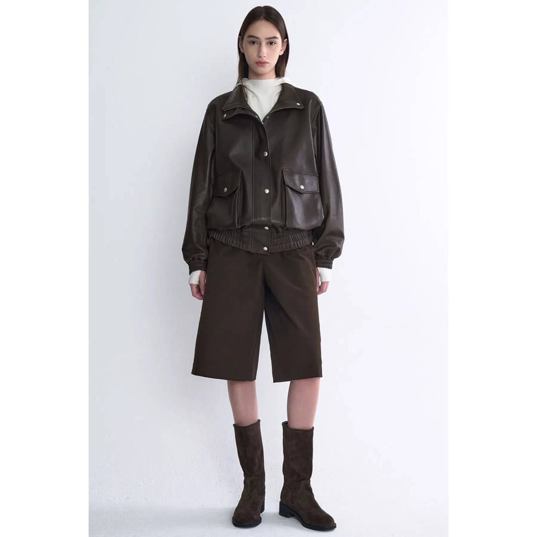 

Tim25 Autumn Commute Casual Stand Collar Biker Sle Leather Jaet Two Colors Versatile Outerwear for Ladies Commuting