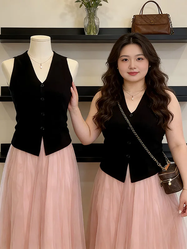 plus Size Korean V-Neck Black Sleeveless Vest Women's Summer New Style Conceal Side Breast Thin Inner Wear Top for Young Girls