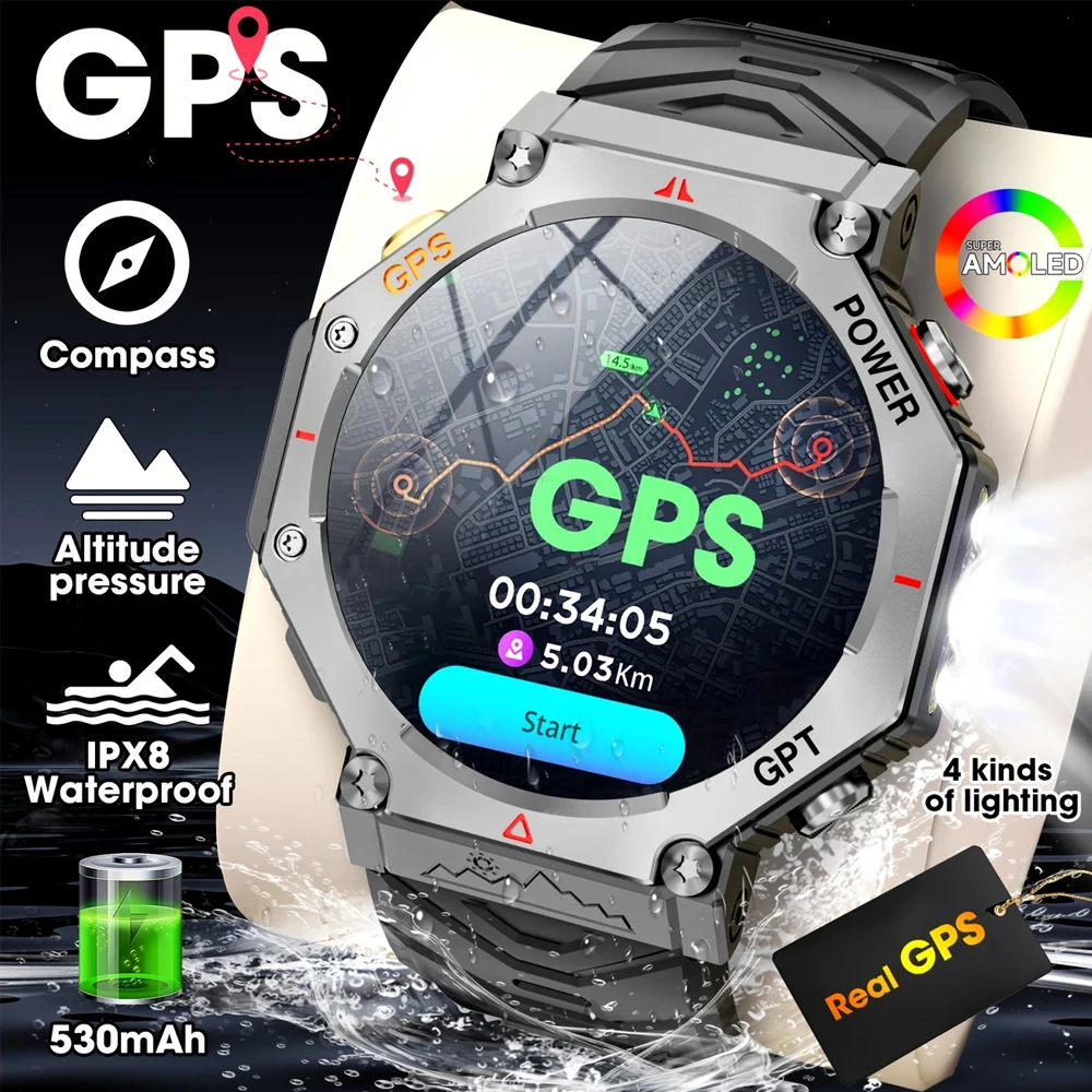 

SENBONO GPS Смарт-часы для мужчин Встроенный GPS Bluetooth Вызов AI GPT Фитнес-трекер Водонепроницаемые военные спортивные умные часы для мужчин