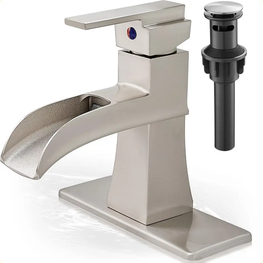 

Bathroom Sink Faucet, Brass Brushed Nickel Bathroom Faucet One Handle, 4 Inch Single Hole or 3 Holes with PopUp Drain, Supply Ho
