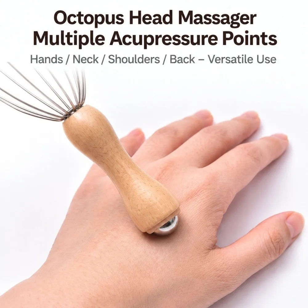 Wood Handle Head Massager Flexible Metal Wire Eight Claw Frame Scalp Massager Smooth End Round Tip Head Scratcher