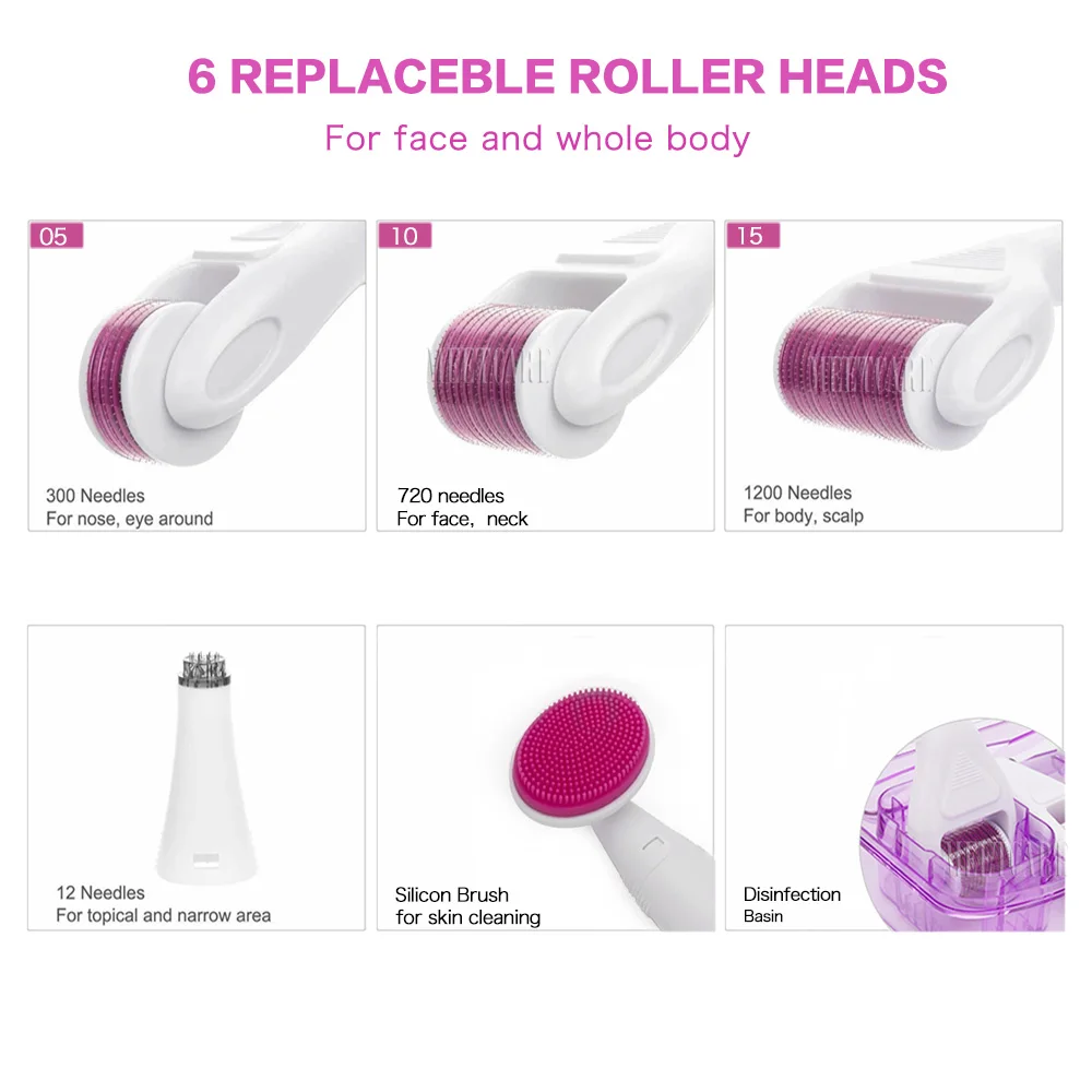 6 In 1 Microneedle Derma Roller Kit Voor Gezicht Oog Lichaam 300/720/1200 Rolsysteem Micronaaldling Gezichtsroller Schoonheidsverzorging Tool