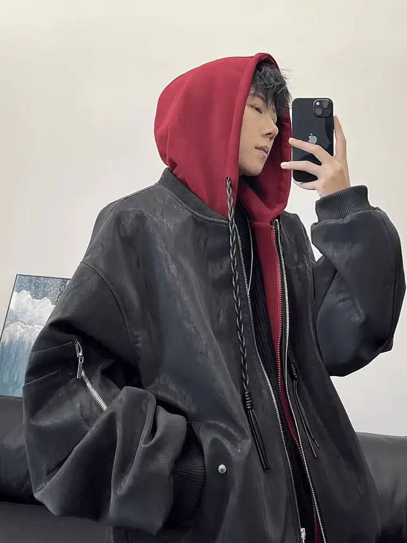 

American Sle Men's Jaet Coat Hooded Leather Outerwear Loose Fit Windproof Casual Wear for Autumn Winter Season