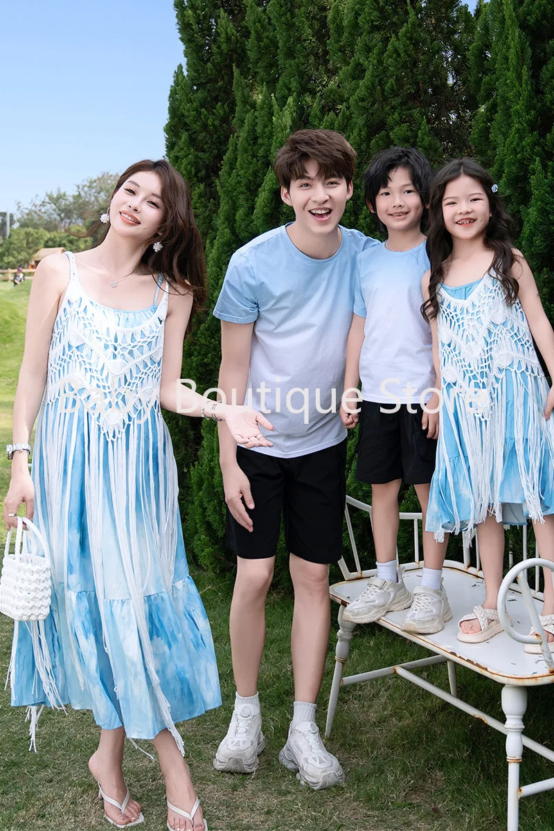 2 قطعة مجموعة شاطئ البحر عطلة ارتداء 2 قطعة مجموعة 2025 مطابقة الأسرة الملابس أمي أبي ابنة ابن الصيف هامش فستان الشاطئ