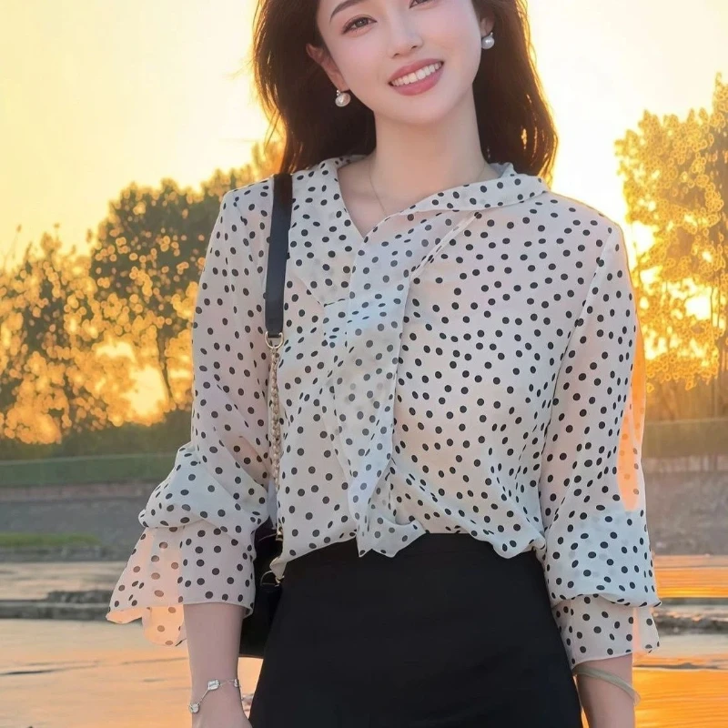 Women's New Plus Size French Sweet Polka Dot Blouse Elegant Unique Beautiful Top