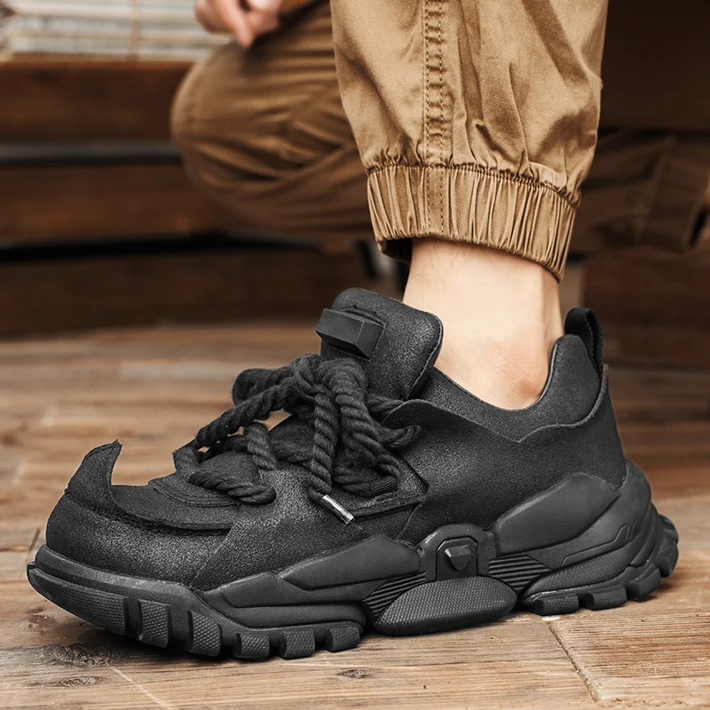 New Genuine Leather Platform Ankle Motorcycle Boots Casual Chunky Sneakers Wedge Autumn Fashion Comfy Shoes Men Loafers Non-slip