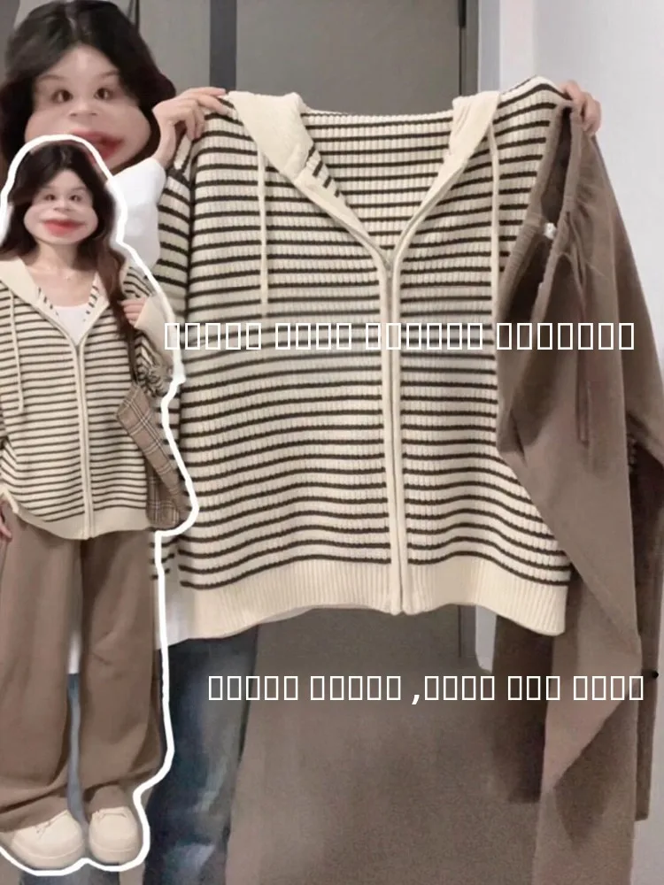 سترة نسائية كاجوال طويلة بغطاء للرأس مخططة ومفتوحة بسحاب Jaet فضفاضة على شكل كرة كورية #1