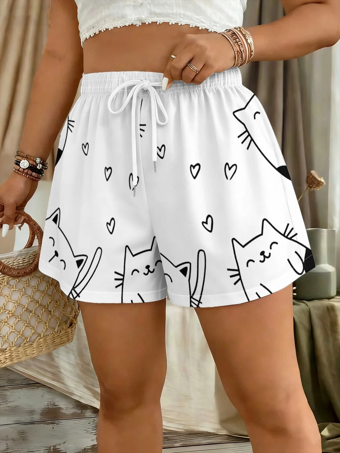 Summer women's short pants with kitten print breathable casual cute and versatile suitable for street wear
