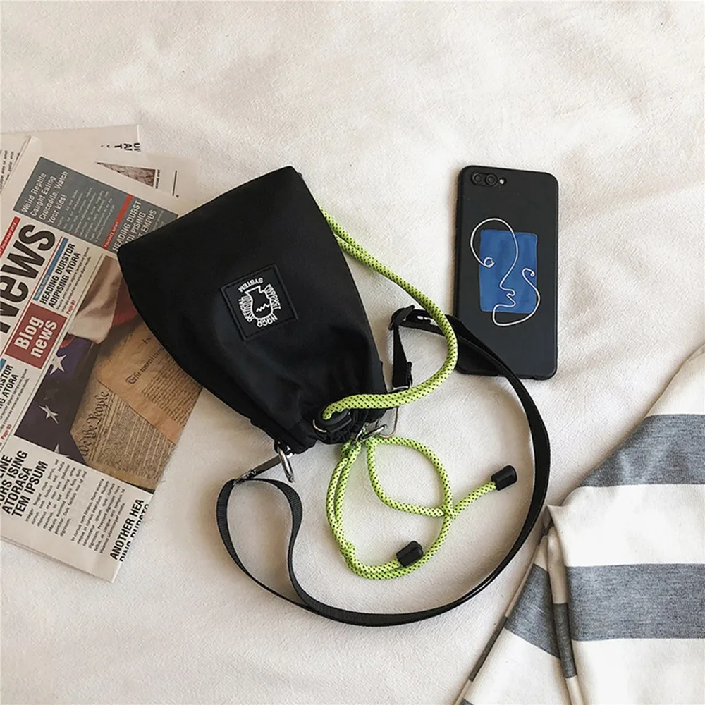 

Casual Drawstring Bucket Bag Nylon Fluorescent Color Strap Male Crossbody Bag Korean Style Large Capacity Mobile Phone Bag