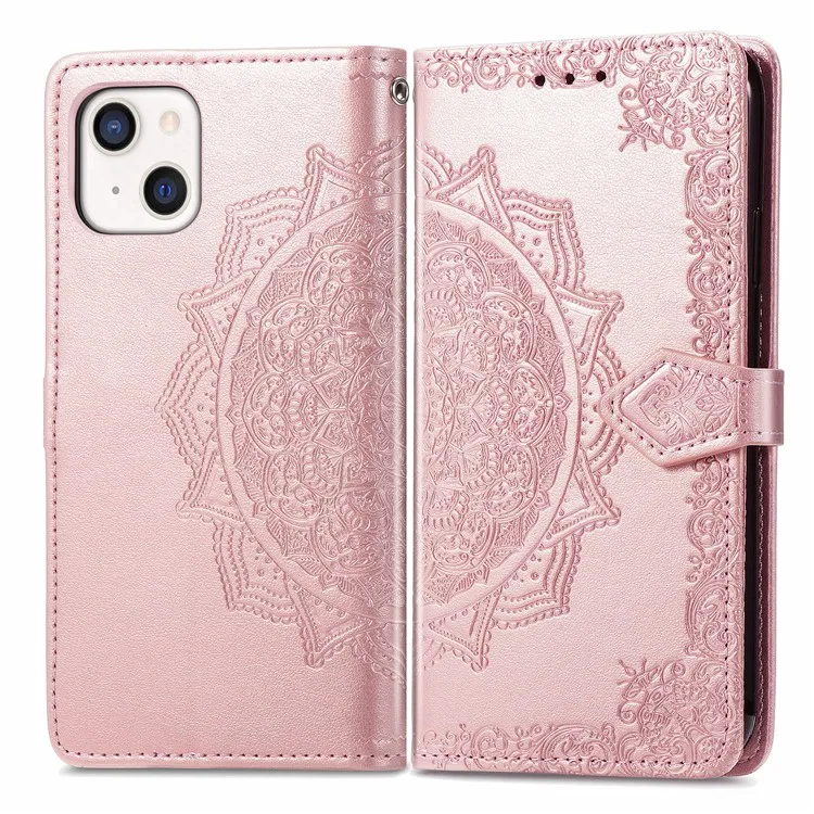 

PU Leather Stand Case Wallet Cover with Embossed Mandala Flower for iPhone 13 mini 5.4 inch - Rose Gold