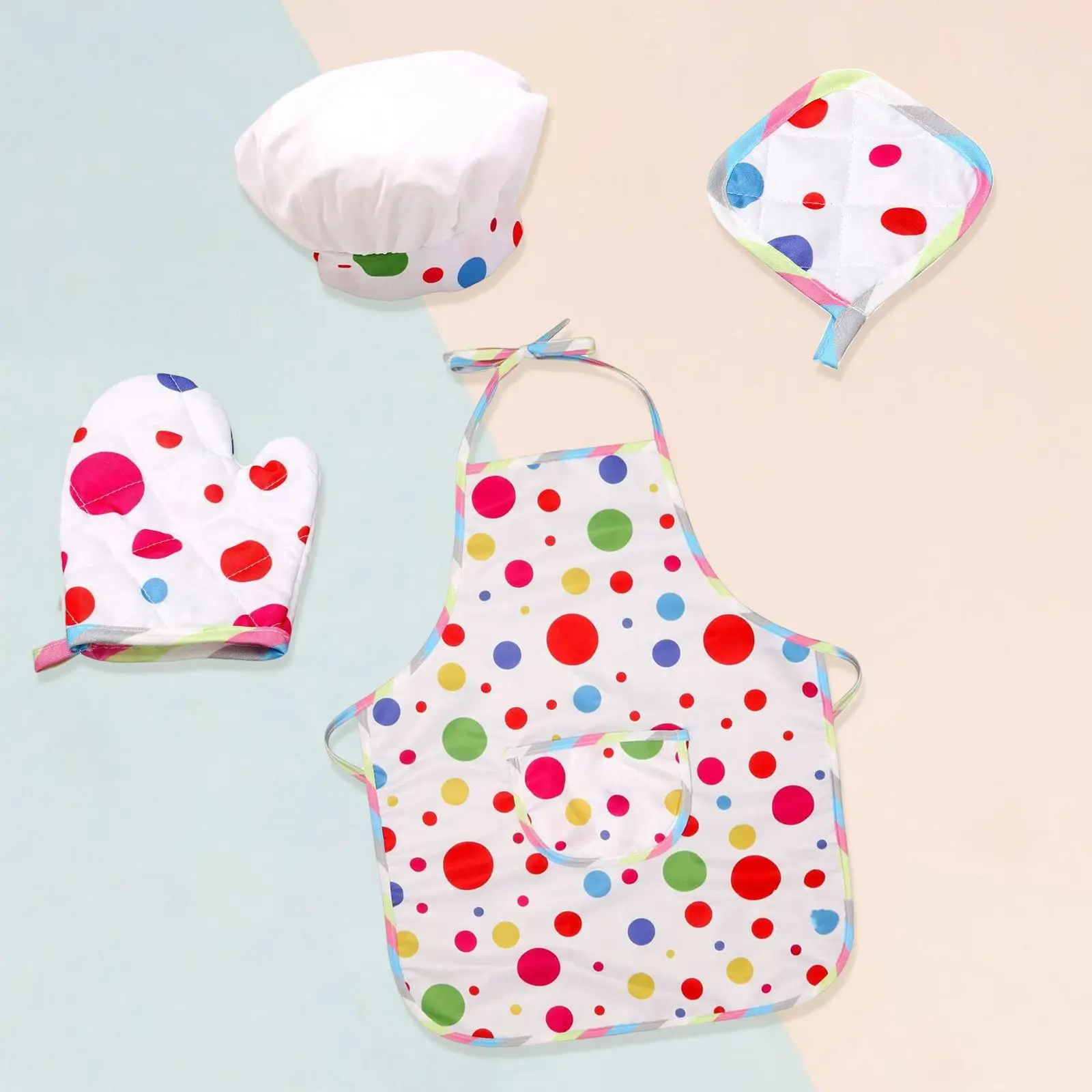 4Piece Set for Role Play with Cake, Cap, Apron And Pot Pad , New Colored Dots