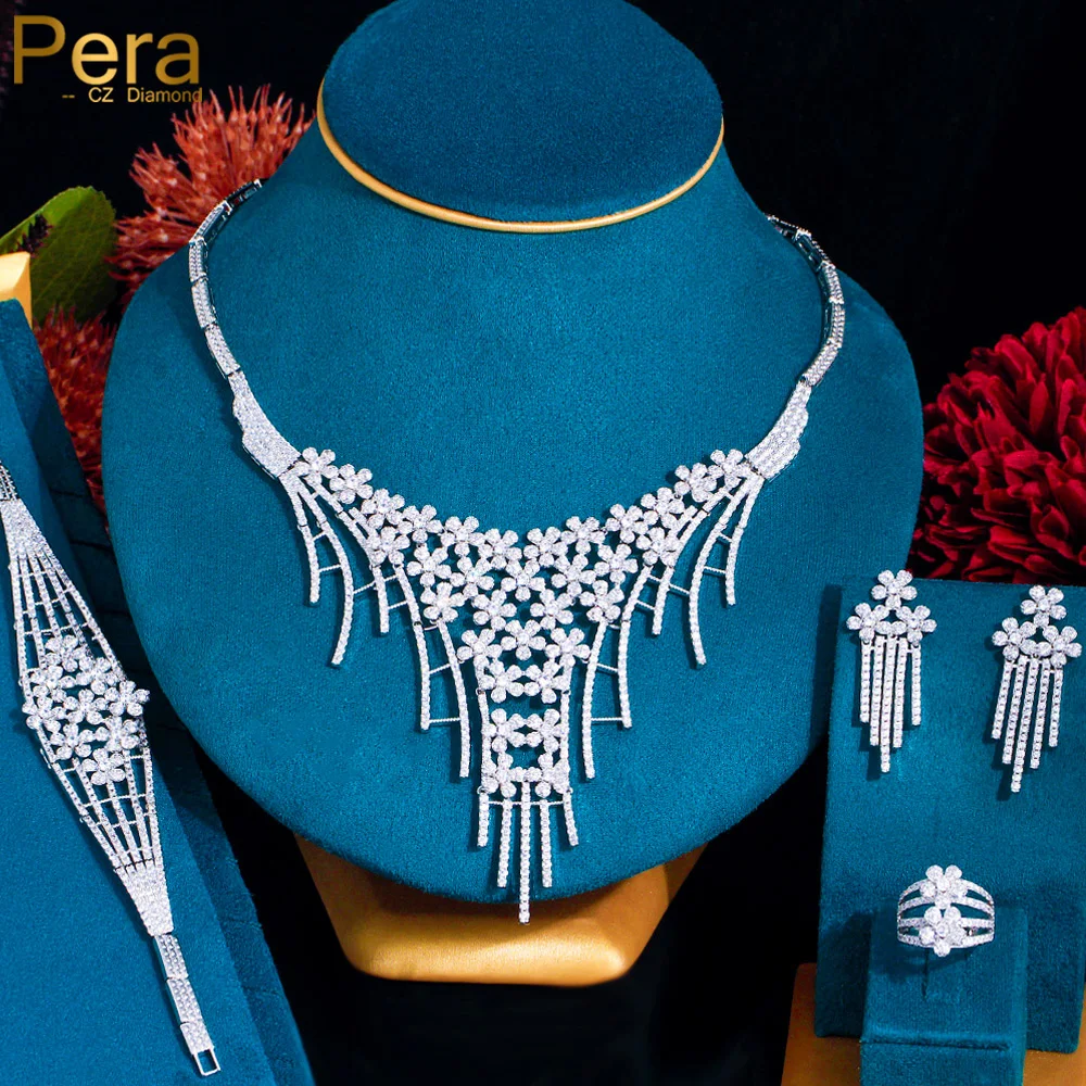 Pera Famous Brand Luxury African Flower CZ Long Tassel Necklace Earrings for Women Party Bridal 4Pcs Wedding Jewelry Sets J329