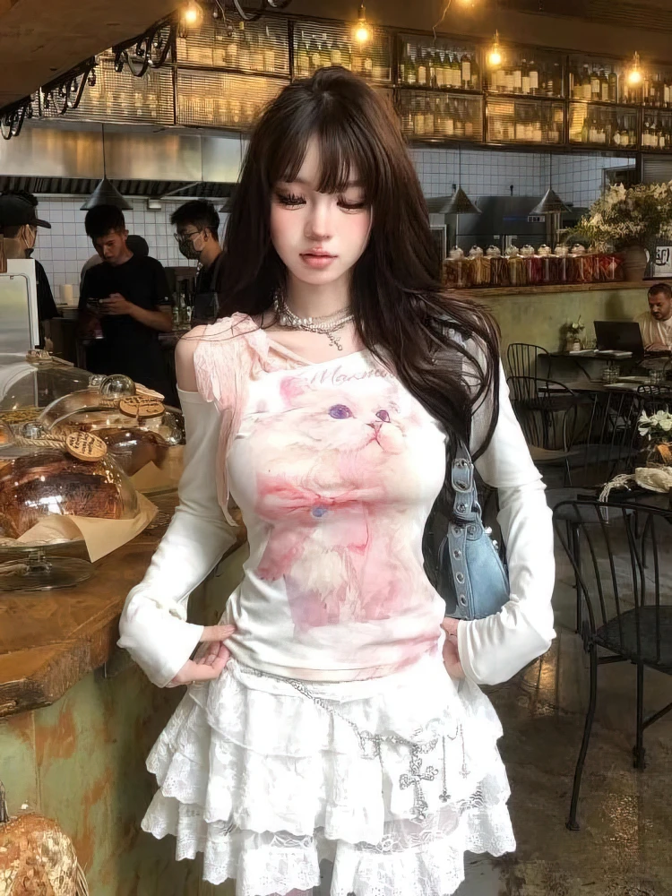 

Y2k Cat Print White Off shoulder Long sleeve T shirt Women Front Pink Lace Bow Tied Basic Tops Lady Slim fit Korean Chic Tees