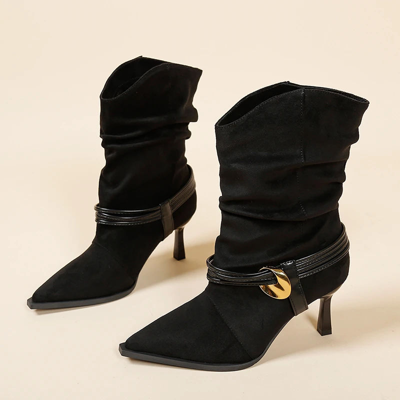 Niche High-heeled Suede Slouch Mid-calf Boots 2026 New Autumn and Winter Pointed Slim Boots Knight Long Boots
