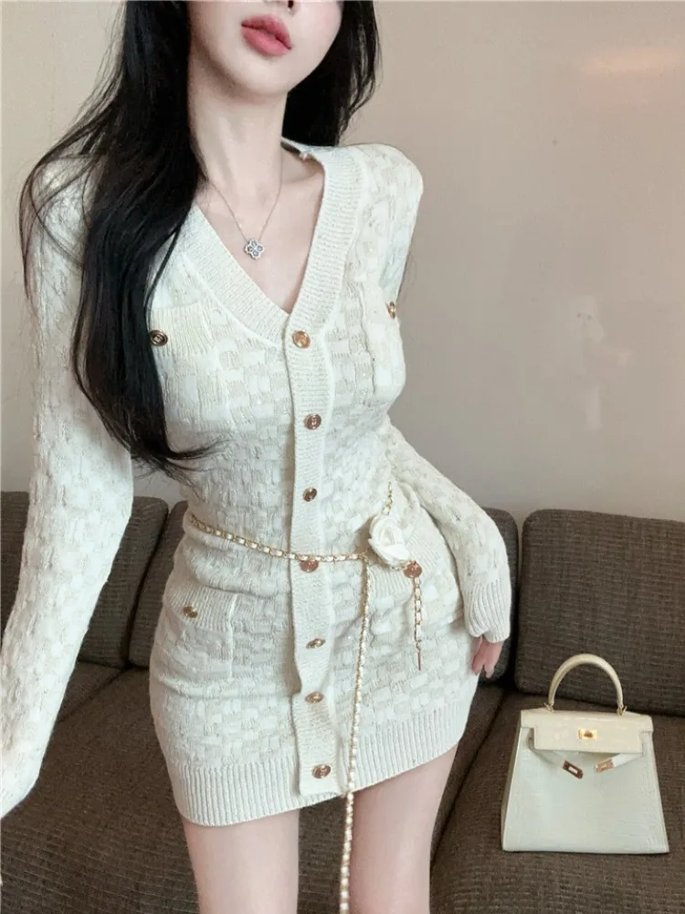 

Elegant V-Neck Knitted Long Sleeve Dress Women's Autumn Winter Base Layer Inner Wear Button Sweater Wrap around Short Skirt