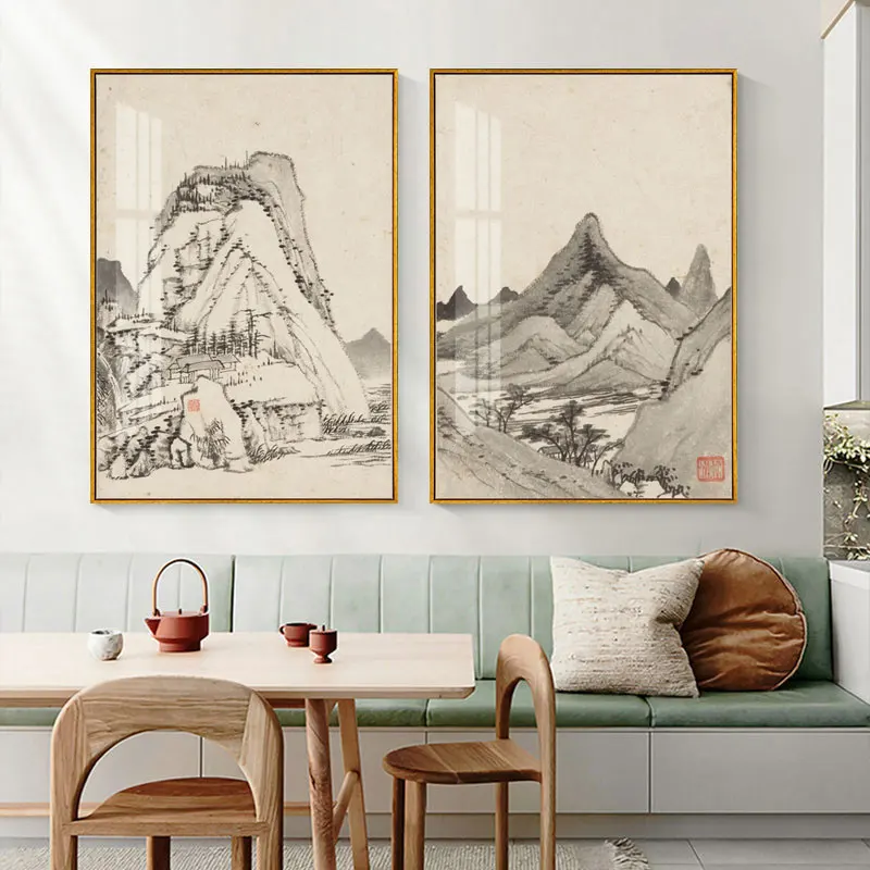 Vintage Chinese Landscape Mountain Art Office Poster Print Canvas Painting Wall Picture For Living Room Office Home Décor