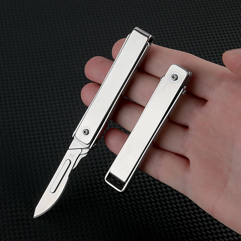 New Stainless Steel Folding Scalpel Portable Mini Key Chain EDC Outdoor Box Opening Pocket Knife with 10 Replaceable 24 # Blades