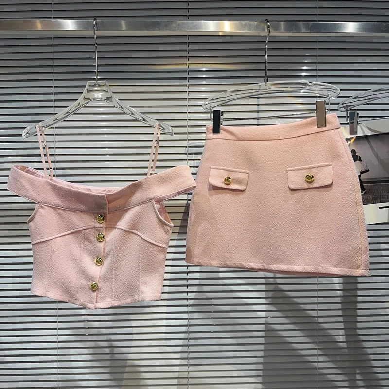 2023 New Summer Fashion Lady Two-piece Sets Metal Buckle Strap Camisole Tube Top + High Waist A-line Skirt Elegant Pink Suits