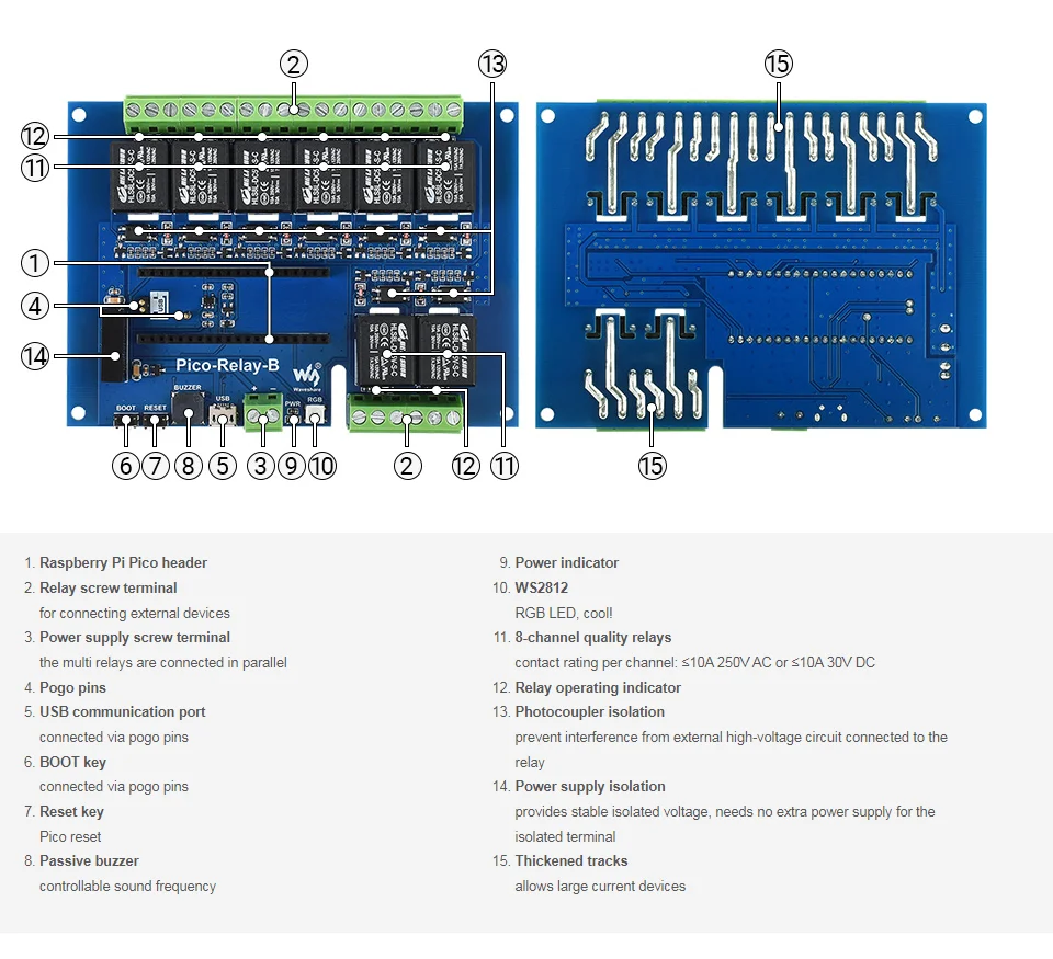 raspberry-pi-pico用産業用8チャンネルリレーモジュール、マルチ保護