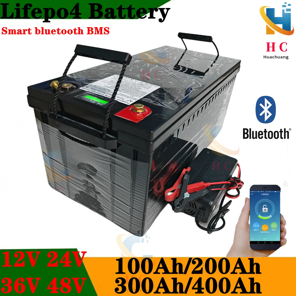 waterproof 12V 200AH 150Ah 100AH 24V 200Ah 48V 100Ah Lifepo4 bluetooth BMS APP for 2400w inverter EV Fishing boat +Charger