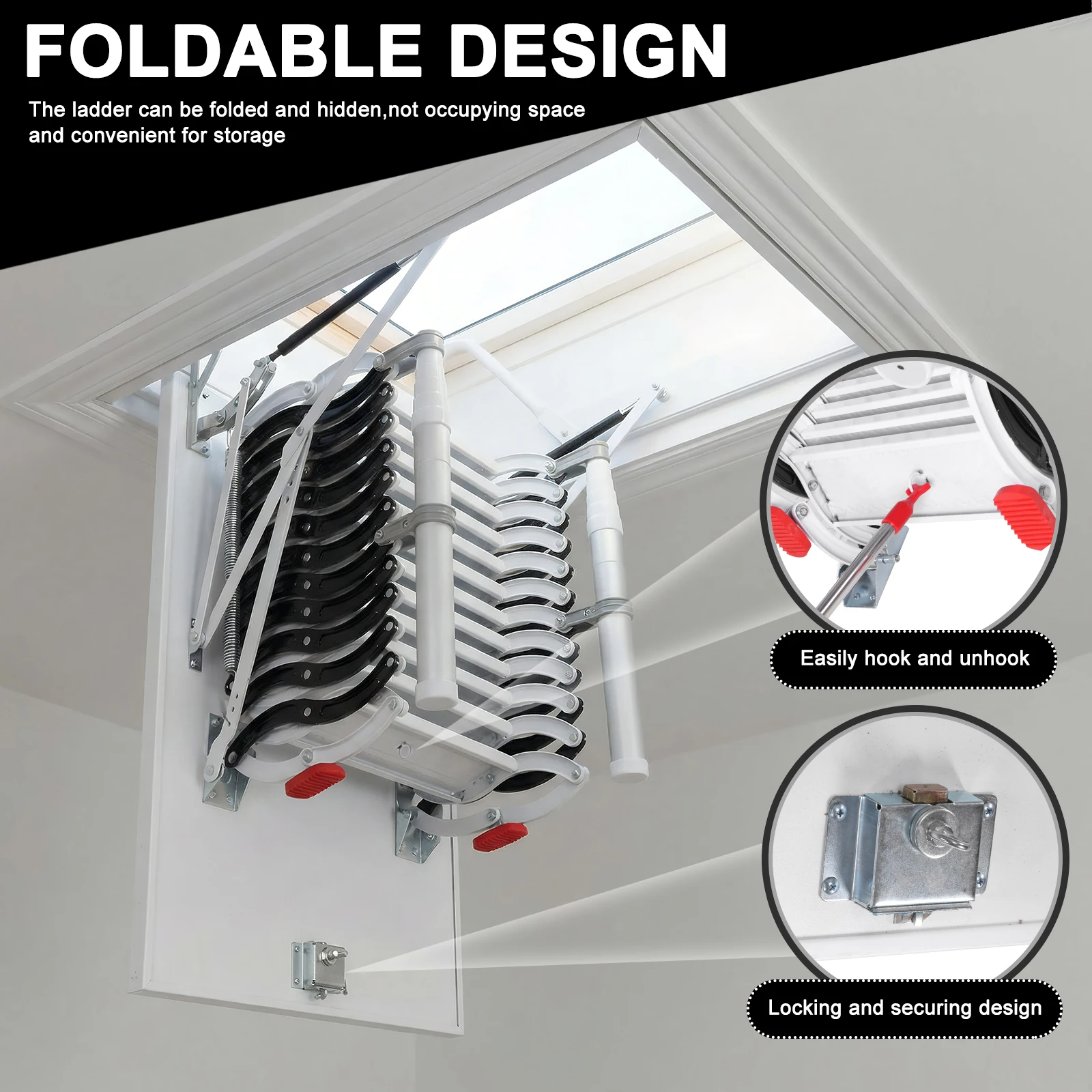 

Hide Extend Ladders with Handrails Space-Saving Collapsible Stair 660LBS Capacity Pull Down System for Garages/Roofs/Basements