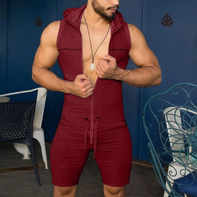 Men Short Jumpsuit Tight Sleeveless Bodysuit Zipper Hooded Rompers Short Pants Casual Home Wear Tracksuit Pajamas