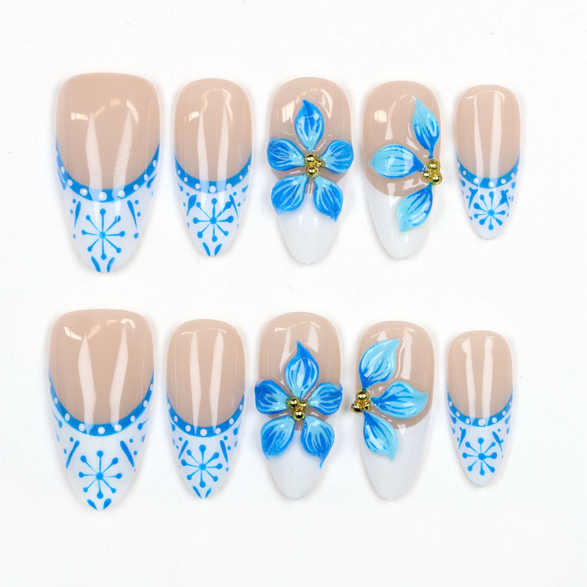 10 قطعة Y2K ثلاثية الأبعاد تصميم مخصص فاخر طويل خنجر اضغط على الأظافر ، زهور زرقاء جميلة FreeStyle الصحافة عطلة هدية عيد