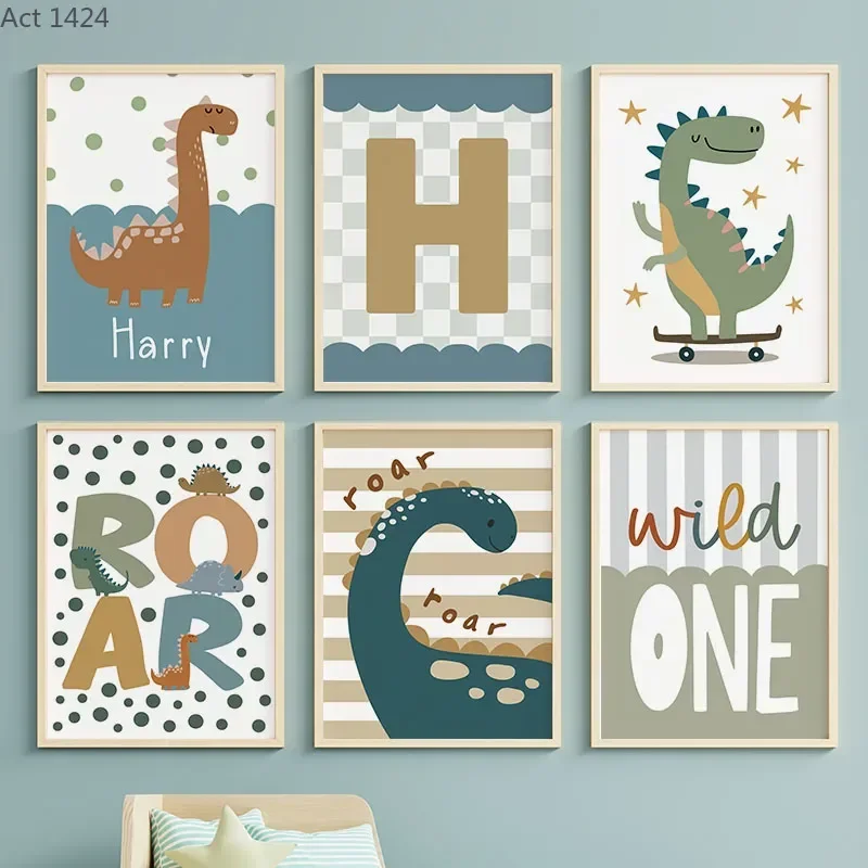 Jurassic Period Dinosaur Custom Baby Name Wall Art Canvas Painting Nordic Dino Posters And Prints Wall Pictures Kids Room Dec