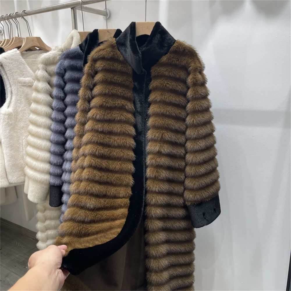 2024Winter Luxus Faux Nerz Pelzmantel Frauen Ikonische Marke Lange Oberbekleidung Jacke Mode Flauschigen Pelzmantel Street Style Warme Mantel