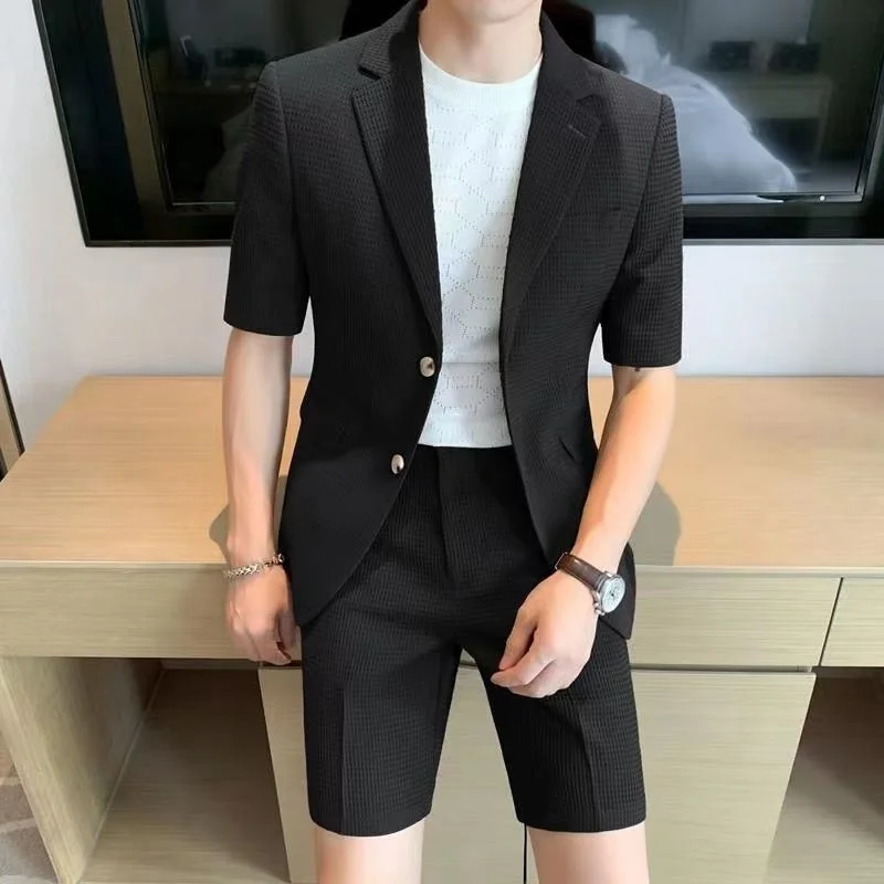 Men\'s Shorts Suit Jacket Sets Summer Thin High End Korean British Fashion Casual Short Sleeve Clothes Men Green Black Coffee