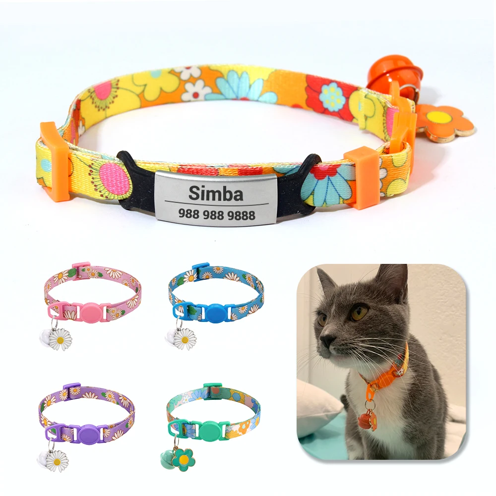 Personalized Printed Cat Collar With Bell Adjustable Kitten Puppy Collars Free Engraved ID Nameplate Anti-lost Safety Buckle