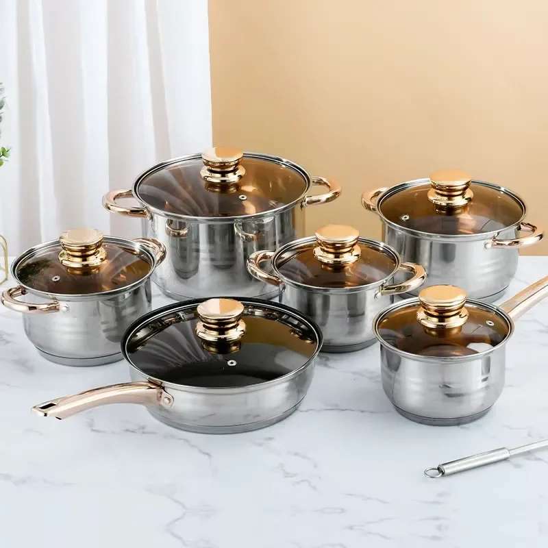 Wholesale custom kitchen cooking pots and pans set 12 pieces stainless steel non-stick cookware set