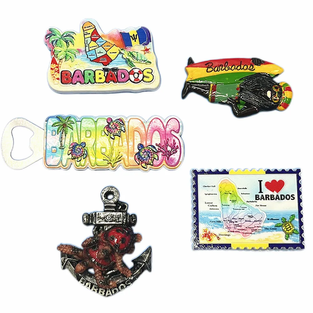 Barbados 3D Fridge Magnet Set with Bottle Opener & Nautical Designs, Tropical Island Travel Souvenir
