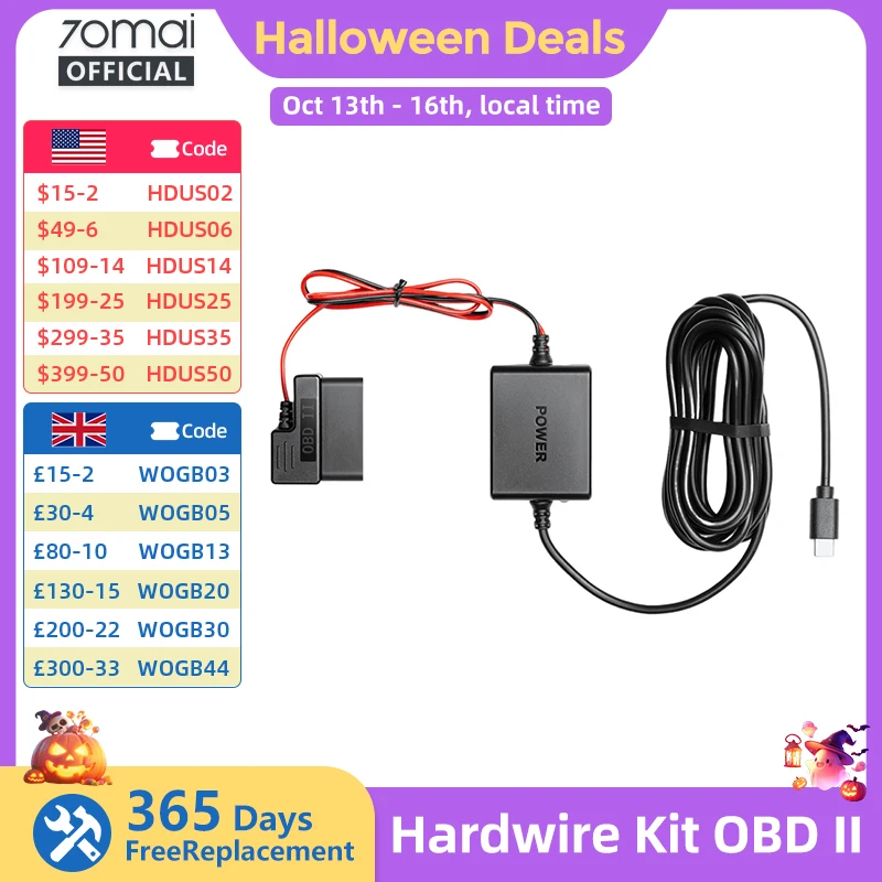 70mai Adjustable Hardwire Kit OBD II Type-C Interface Plug & Play 70mai OBD Kit 24H Parking Surveillance for 70mai Dash Cams