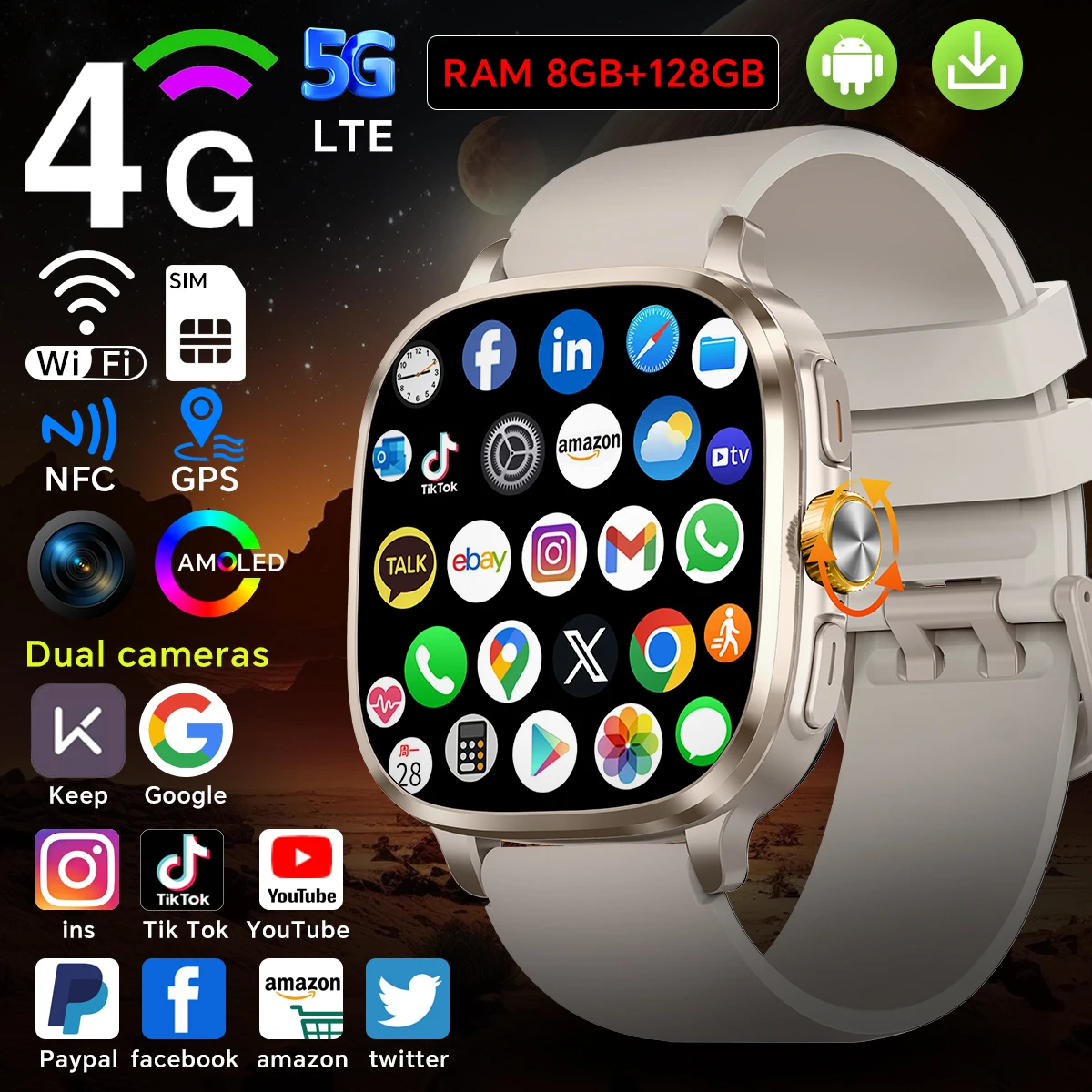 Versi Global Android 13.0 S99 Smartwatch Layar Amoled 2.4 inci, dapat dimasukkan kartu SIM, GPS, WIFI 190 °   Jam Tangan Pintar dengan Kamera Berputar