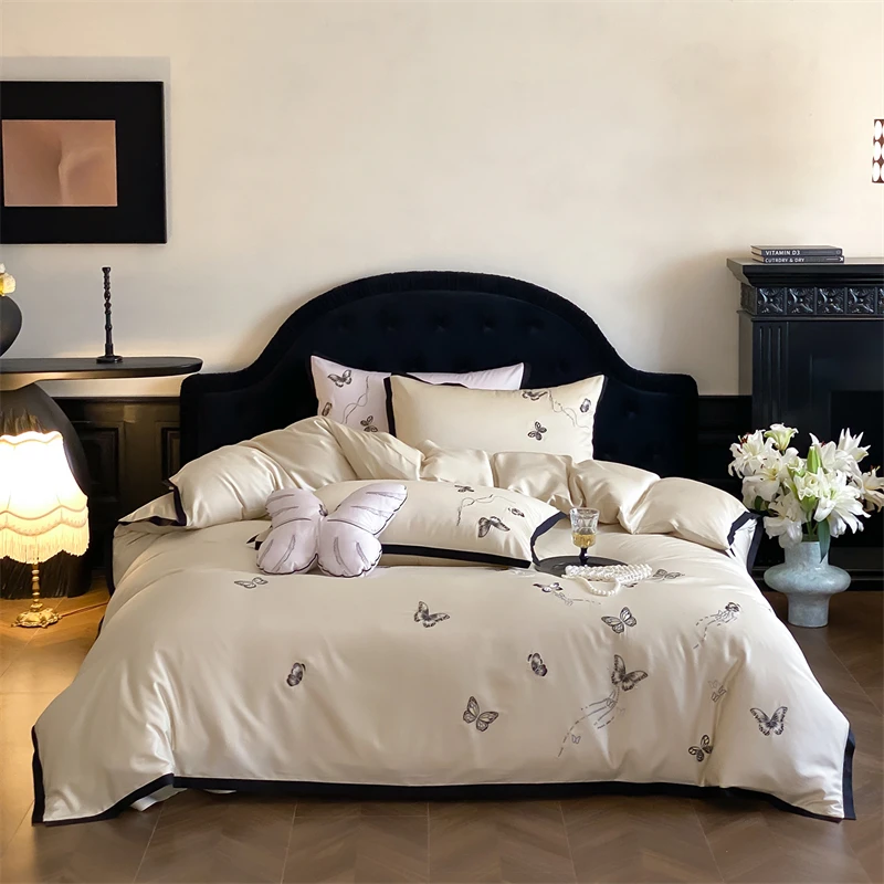 

Шикарный комплект постельного белья из лиоцелла с вышивкой бабочки цвета шампанского с черным краем, хлопковый комплект постельного белья, пододеяльник, плоская/простынь, наволочка, 4 шт.