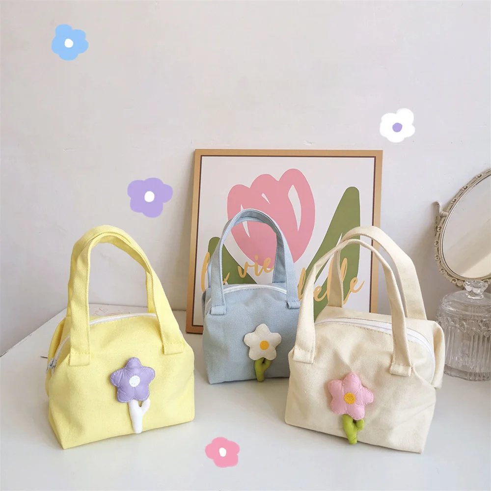 New Women's Portable Mini Handbag Colorful Three-dimensional Flower Cloth Storage Bag Zipper Canvas Handheld Shopping Carrier